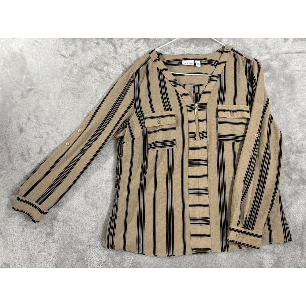 Kim Rogers Petites Stripe Shirt PXL Beige Black Striped Quarter Zip V Neck Crepe